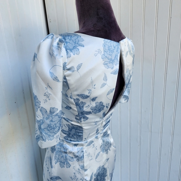 NWOT AW BRIDAL Dusty Blue White Peonies Satin Floral Mermaid Puff Sleeve Sz 0 - Picture 10 of 16